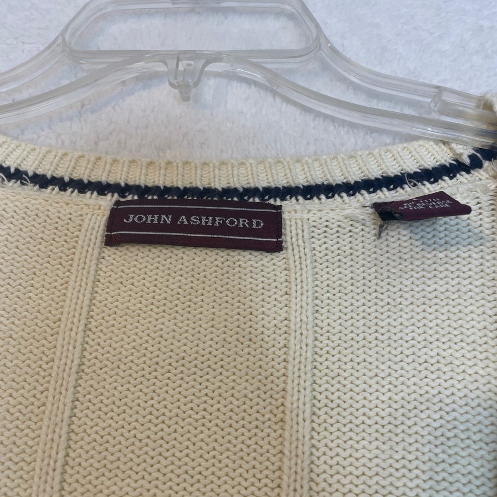 John Ashford Mens Cream Cotton Knit Cardigan Sweater Navy Trim Large 483 - Picture 5 of 9